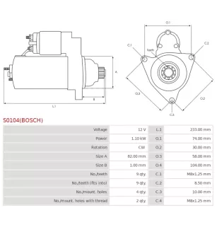 12 V 1,10 kW 9 Zähnestarter ersetzt Bosch 0001107025, 0001107026