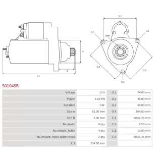 Démarreur 12V 1.10kW 9 dents Remplace BOSCH 0001107025, 0001107026, 0001107103, 0001107104, 0331303147647