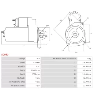Démarreur 24V 4.00KW 9 dents KUHNER 101248, 101248B, 101248P LAUBER 28.1248, 28.1248M