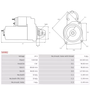 Démarreur 24V 4.00KW 10 dents IVECO 2995986, 48922338, 4892338, 4892388 500059586, 5801577135