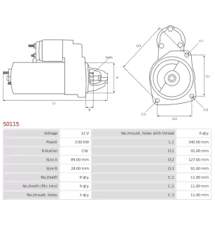 Démarreur 12V 3.00kW 9 dents Remplace AS-PL S0115, BOSCH 0001359012