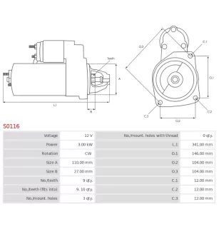 Démarreur 12V 3.00kW 9 dents Remplace AS-PL S0116 UD16588S, BOSCH 0001359021 0001359102 0001367014