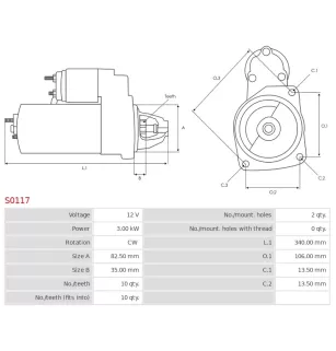 Démarreur 12V 3.00kW 10 dents Remplace AS-PL S0117, BOSCH 0001359016, 0001359090, 0001367037, 0001367075
