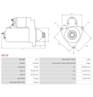 Démarreur 12V 1.10kW 10 dents Remplace AS-PL S0119, BOSCH 0001121022 0001121023 0986018920, CARGO 114174