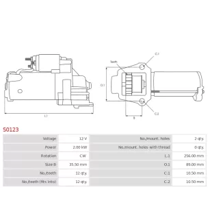 Démarreur 12V 2.00kW 12 dents AS-PL S0123, BOSCH 00010DB94E, 0001105205, 0001109205, 0001109304