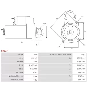 Démarreur 12V 2.20kW 9 dents AS-PL S0127, BOSCH 0001218019, 0001218101, 0001218163, 0001218167