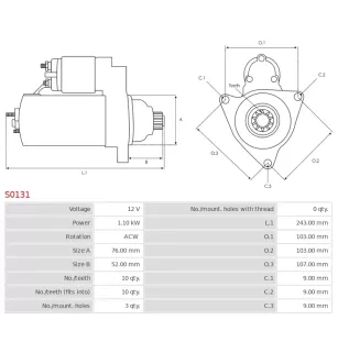 Démarreur 12V 1.1kW 10 dents AS-PL S0131, BOSCH 0001107005, 0001107006