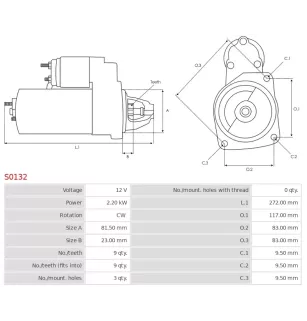 Démarreur 12V 2.20kW 9 dents Remplace BOSCH 0001218014, 0001218102, 0001218154, 0986013640, 0986013641
