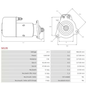 Démarreur 24V 6.60kW 12 dents AS-PL S0135, BOSCH 0001330016, 0001417065, 0001417075, 0986017050