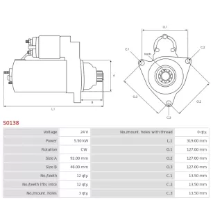 Démarreur 24V 5.50kW 12 dents AS-PL S0138, BOSCH 0001241001, 0001261001, 0001261002, 0001261025