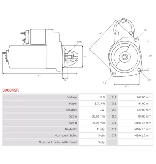 Démarreur 12V 1.7KW 11 dents FIAT 63984678, 71716562, 71716565, 71719599, 71719600, 71719601