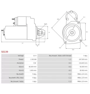 Démarreur 12V 2.50kW 9 dents AS-PL S0139, BOSCH 0001109300, 0001109301, 0986021640, CARGO 113935