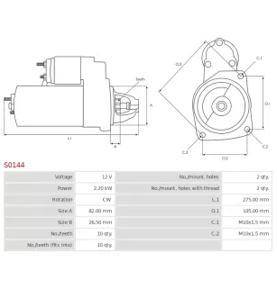 Démarreur 12V 2.20kW 10 dents AS-PL S0144, BOSCH 0001218016, 0001218110, 0001218710, 0986013910