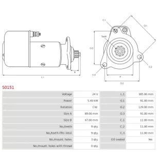 Démarreur 24V 5.40kW 9 dents AS-PL S0151, BOSCH 0001402081, 0001402083, 0001414003, 0001414010