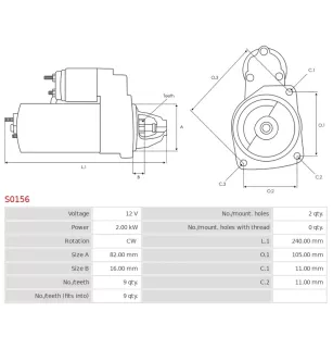 Démarreur 12V 2.00kW 9 dents AS-PL S0156, BOSCH 0001109019, 0001109031, 0001109420, 0001218161