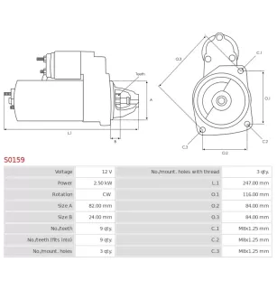 Démarreur 12V 2.50kW 9 dents AS-PL S0159, BOSCH 0001109302, 0001109303, 0001109313, 0001109334