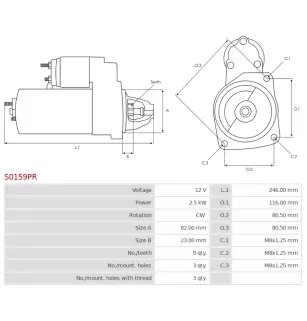 Démarreur 12V 2.5kW 9 dents AS-PL S0159, BOSCH 0001109302, 0001109303, 0001109313, 0001109334