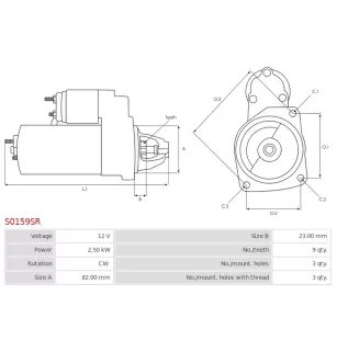 Démarreur 12V 2.50kW 9 dents AS-PL S0159, BOSCH 0001109302, 0001109303