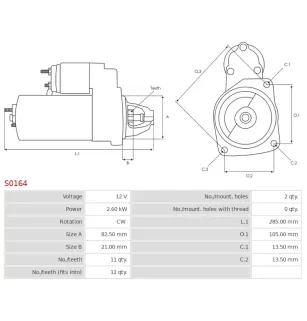 Démarreur 12V 2.60kW 11 dents AS-PL S0164, BOSCH 0001223506, CASE 1530359C1, FIAT 2961928, MAGNETI MARELLI 63217108