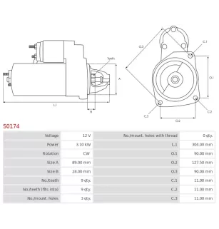 Démarreur 12V 3.10kW 9 dents AS-PL S0174, BOSCH 0001369014, 0001369024, 0986016550, CARGO 112555