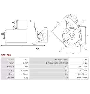 Démarreur 12V 2.0kW 9 dents BOSCH 0001109064, 0001109065, 0986021610
