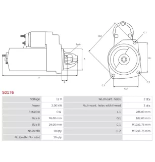 Démarreur 12V 2.00kW 10 dents AS-PL S0176, BOSCH 0001109021, 0001109022, 0001109066, 0001109067