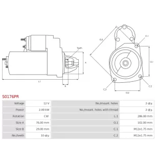 Démarreur 12V 2.00kW 10 dents Remplace BOSCH 0001109021, 0001109022