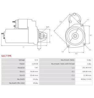 Démarreur 12V 2.20kW 10 dents Remplace BOSCH 00010DB3GE, 00010DB4NE, 0001109258, 0986022450, CARGO 114094