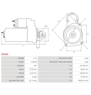 Démarreur 12V 2.20kW 10 dents AS-PL S0183, BOSCH 0001218002, 0986010590, 0986016611, 9000331420