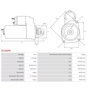 Démarreur 12V 1.70kW 9 dents Remplace BOSCH 0001108202, 0001108224