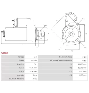 Démarreur 12V 2.00kW 9 dents Remplace AS-PL S0188, BOSCH 0001109035, 0986022440, 1986S00722, CARGO 112534