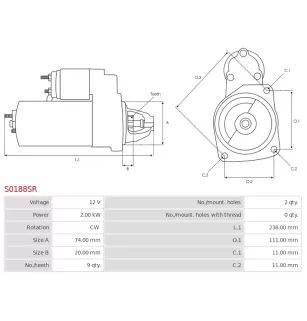 Démarreur 12V 2.00kW 9 dents Remplace BOSCH 0001109035, 0986022440, 1986S00722, CARGO 112534, CATERPILLAR 163-3361