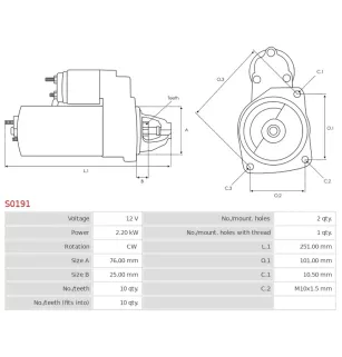 Démarreur 12V 2.2kW 10 dents AS-PL S0191, BOSCH 0001109260, 0001109261