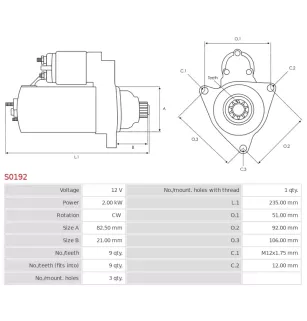 Démarreur 12V 2.00kW 9 dents AS-PL S0192, BOSCH 0001125507, 0001125508, 0001125517, 0001125518