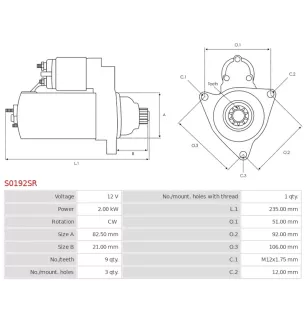 Démarreur 12V 2.00kW 9 dents Remplace BOSCH 0001125507, 0001125508