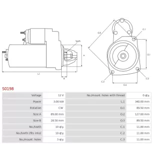 Démarreur 12V 3.00kW 10 dents AS-PL S0198, BOSCH 0001359020, 0001359088, 0001359117, 0001367017