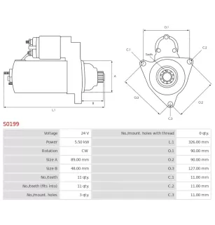 Démarreur 24V 5.50kW 11 dents AS-PL S0199, BOSCH 0001261014, 3EFFE STRE275, CASCO CST10768, CST10768AS