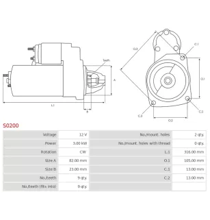 Démarreur 12V 3.00kW 9 dents AS-PL S0200, BOSCH 0001262029, 0001262030, CARGO 111001, DAF 1516803R