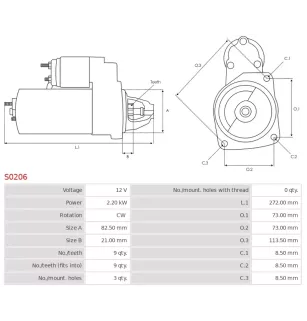 Démarreur 12V 2.20kW 9 dents AS-PL S0206, BOSCH 0001218177, 0986017960, CARGO 114233, CHRYSLER 035532045F