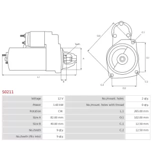 Démarreur 12V 1.60kW 9 dents AS-PL S0211, BOSCH 0001109008, 0001109043, CARGO 114106, DELCO DRS3974