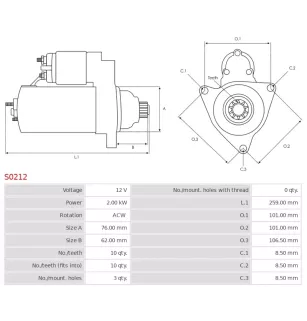 Démarreur 12V 2.0kW 10 dents AS-PL S0212, BOSCH 0001125016, 0001125017