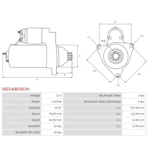 Démarreur 12V 2.20kW 10 dents Remplace BOSCH 0001125605, 0001125606, 0986020270, 1986S00823, CARGO 113678