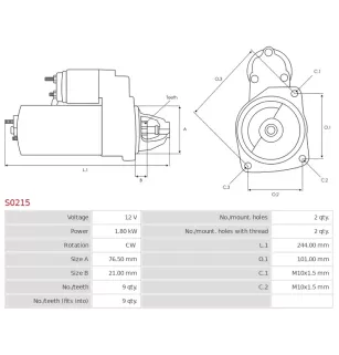 Démarreur 12V 1.80kW 9 dents AS-PL S0215, BMW 12417508634, 12417508636, 7508636, BOSCH 0001109057