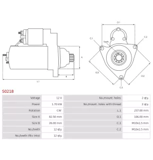 Démarreur 12V 1.70kW 12 dents Remplace AS-PL S0218, BOSCH 0001115047