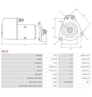 Démarreur 24V 5.40kW 11 dents AS-PL S0222, BOSCH 0001416034, B001410028, DELCO 19024034, 3EFFE STRF442