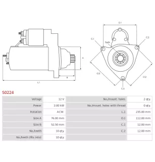 Démarreur 12V 2.00kW 10 dents AS-PL S0224, BOSCH 0001125021, 0001125022, 0001125051, 0001125052