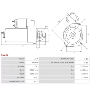 Démarreur 12V 0.90kW 9 dents AS-PL S0226, BMW 12411489995, 12411517328