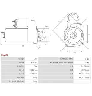 Démarreur 12V 1.80kW 9 dents Remplace AS-PL S0228, BMW 12417794952