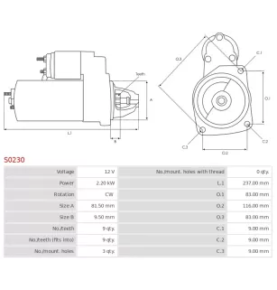 Démarreur 12V 2.20kW 9 dents AS-PL S0230, BOSCH 0001109030, 0001109045, 0001109253, 0001109268