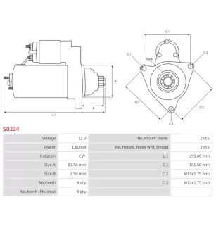 Démarreur 12V 1.80kW 9 dents AS-PL S0234, BOSCH 0001124020, 0001124021, 0986020370, CARGO 112443